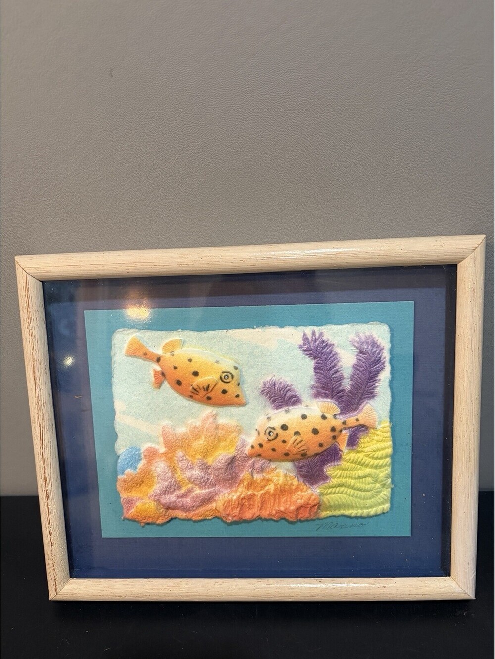 Vintage Framed 3D Hand Cast Paper Wall Art, Tropical Fish, Signed By Marino